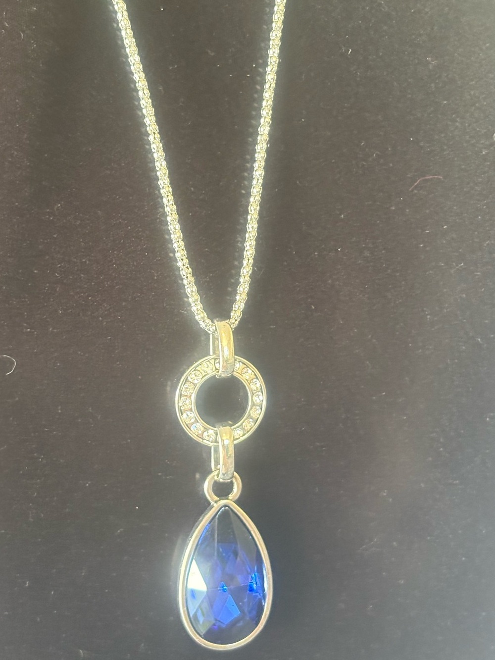 Silver tone Necklace with Blue Teardrop Crystal Pendant